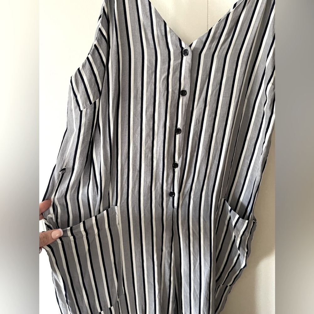 Blue, White & Black Striped Dress Forum Jumpsuit